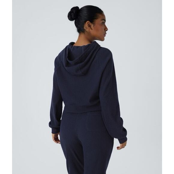 NWT Halara Ribbed Knit Hooded Long Sleeve Split Casual Sweatshirt Navy XL - Picture 2 of 3